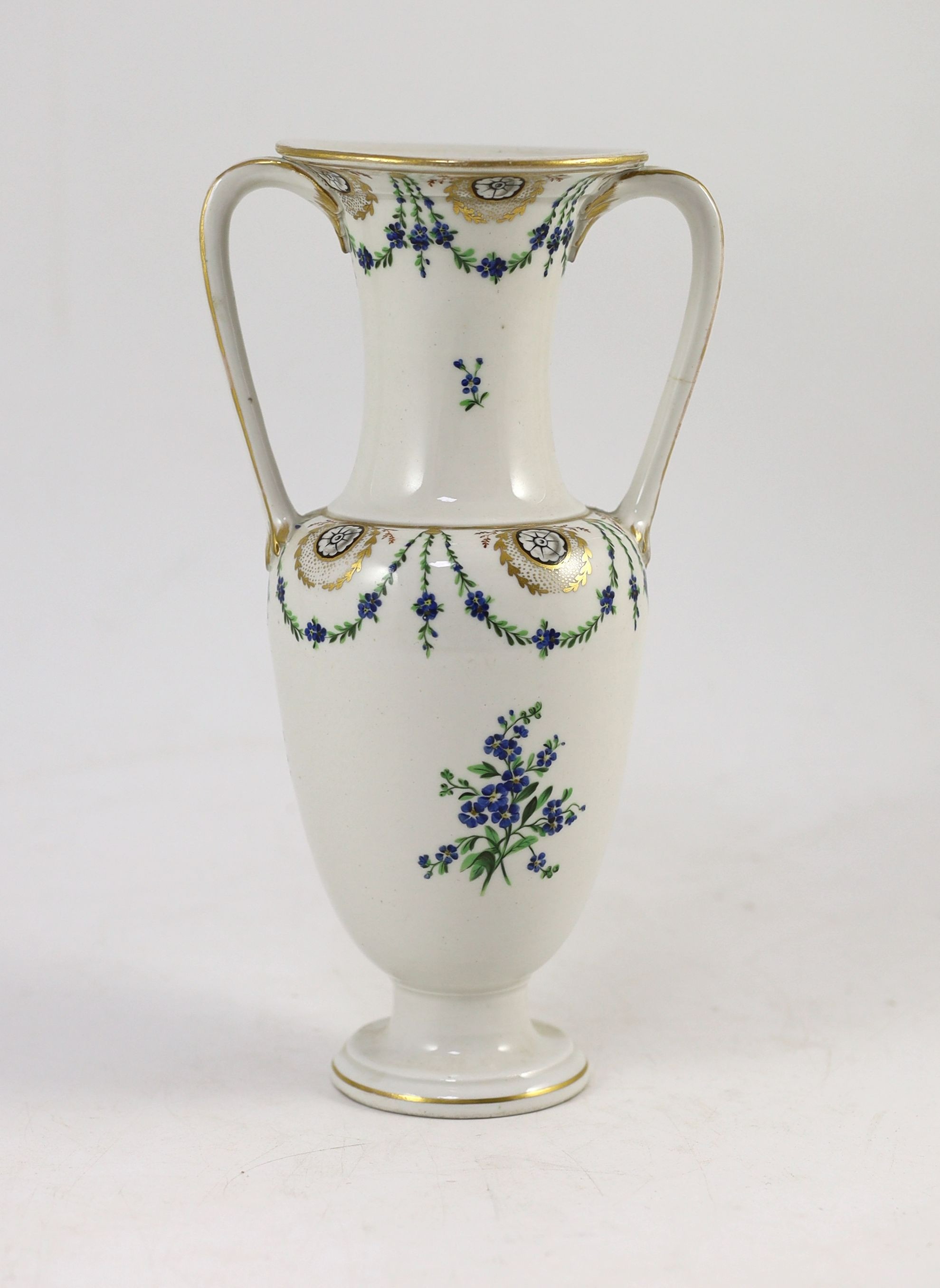 An Imperial Vienna porcelain factory twin handled vase, early 19th century, 23.5cm high, crack to one handle